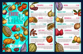 Exotic fruits price menu for farm market. Vector sketch design for star apple, bael or kiwano and kuruba with date fruit and persimmon or cantaloupe, tropical akeiba or grenadilla and champakka
