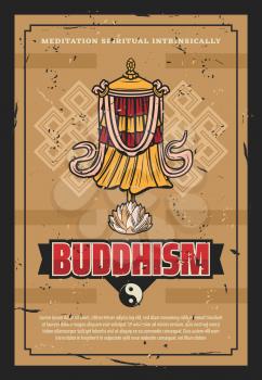 Buddhism religious traditional victory banner or Dhvaja flag. Vector retro poster design of Dharma signs, Yin Yang symbol and lotus flower for Zen meditation and Buddhist worship ornament