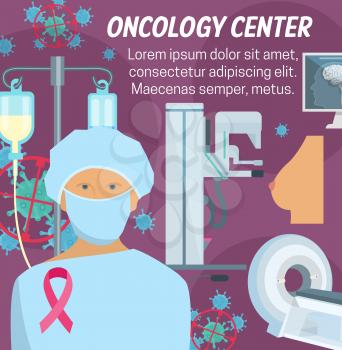 Oncology clinic center poster for cancer diagnostic and treatment. Vector oncologist doctor with mri for breast cancer diagnosis and brain tomography with solidarity pink ribbon symbol