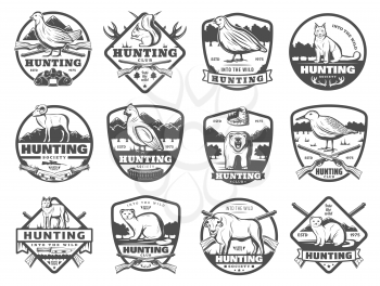 Hunter club or open season hunting society badges. Vector icons of wild animals and birds with hunt ammo gun rifles and traps for African Safari buffalo, grouse or woodcock bird, wolf and fox or lynx