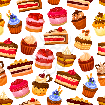 Pastry desserts ans sweet cakes pattern background for patisserie or cafeteria. Vector seamless design of chocolate cupcake, tiramisu or muffin and cheesecake for birthday card
