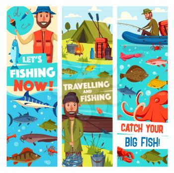 Fishing and traveling or fisher adventure banners for fish catch advertisement. Vector cartoon fisherman man in inflatable boat on river or sea with rod and tackles, camping tent and fishes
