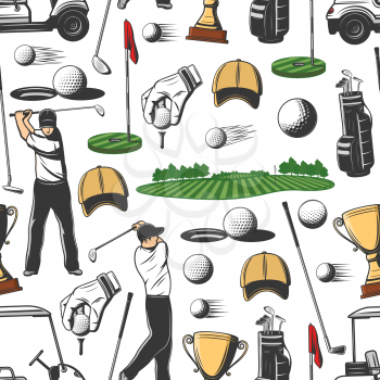 Golf pattern background. Vector seamless design of golf player with sport club stick, ball and hole on tee or cart car on green course for championship or tournament
