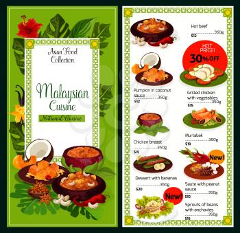 Malaysian cuisine traditional food menu. Vector Asian dishes of hot beef, pumpkin in coconut sauce or grilled chicken breast with vegetables and murtabak, banana dessert and peanut saute with beans