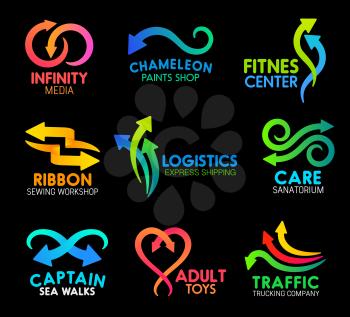 Arrows and lines abstract icons for business company design. Vector curved motion arrows symbols for infinity media, fitness center or paint shop and sewing workshop or logistics express shipping