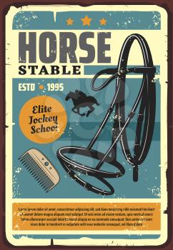 Horse jockey school retro poster for elite horserace training or stable. Vector vintage grunge design of jockey rider equestrian equipment of comb and saddle harness
