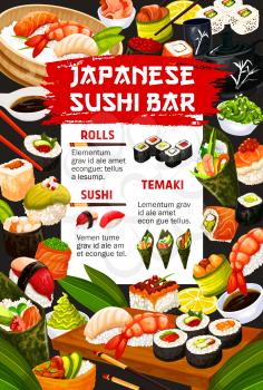 Japanese sushi bar menu for Asian cuisine restaurant. Vector Japan traditional food dishes of sashimi rolls with seafood, unagi maki and ginger or wasabi and rice with chopsticks