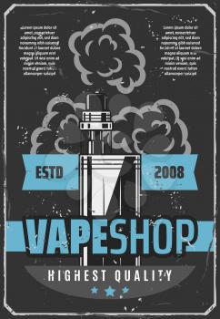 Vape shop advertisement retro poster design of electronic cigarette or e-cigarette for modern smoking or vaping. Vector vintage grunge design of aroma capsule cartridge for shisha or hookah smoke