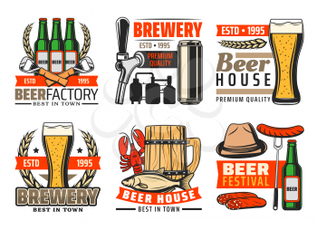 Beer pub or brewery bar icons of beer mugs and bottles with snacks, hop and malt. Vector isolated set of opener, brewing production factory, sausage and fish with lobster for Oktoberfest festival