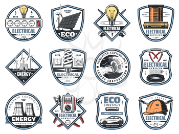 Electrical service and electricity engineering or energy power company icons. Vector symbols of lamp bulb, solar battery or eco electrical windmill and car for electric corporation