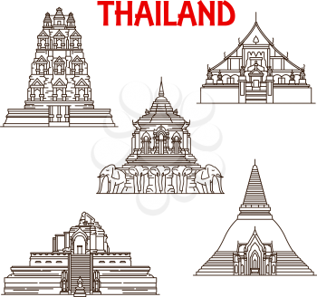Thailand Buddhist temples architecture vector icons. Thin line facades of Wat Phra Singh, Chedi Luang or Mun and Pathommachedi or Pathom Chedi in Chiang Mai province and Mahathat in Ayutthaya