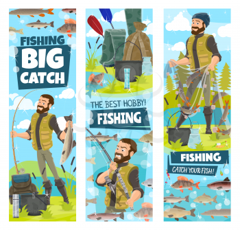Fishing banners for big catch poster with fisher man. Vector cartoon design of fisherman with fish in net with tackles and lures, boat paddles and hooks for salmon or carp