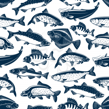 Fish seamless pattern for fishing or seafood restaurant. Vector background of sea and ocean fishes scad or horse mackerel, scomber or anchovy and tuna, sardine and sea bass or dorada bream fish