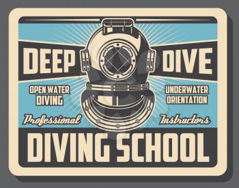 Diving school advertisement retro poster of scuba diver aqualung. Vector vintage design for diving instructor training and water orientation in leisure activity hobby