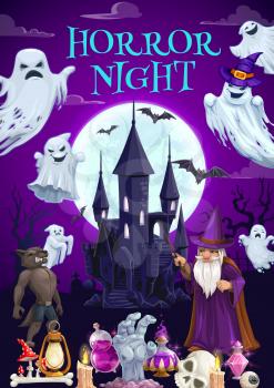 Halloween haunted house with horror night ghosts vector design. Full moon, bats and creepy castle, skull, witch hats and potion bottles, zombie hand, evil wizard and werewolf, graveyard and tombstones