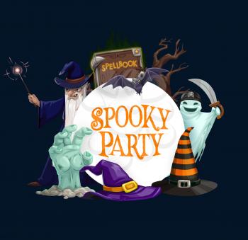 Halloween party spooky monsters vector card. Horror ghosts and bat with witch hats, black magic spellbook and creepy graveyard tree, zombie hand, evil wizard and wand, Halloween holiday design