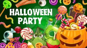 Halloween party pumpkin and trick or treat sweets vector design. Chocolate, skeleton skull and zombie eyeball shaped candies, lollipops, jellies and gummy worms, witch potion, black magic spellbook