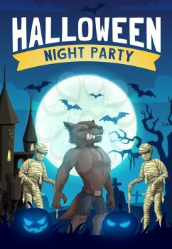 Halloween night party vector design with horror monsters. Spooky graveyard and haunted house with scary pumpkins, bats and moon, mummies, werewolf and cemetery gravestone, creepy lanterns and tree