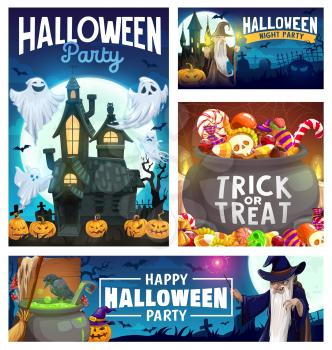 Halloween party vector design with ghosts, pumpkins and trick or treat candies, bats, moon and haunted house, evil wizard, black magic wand and witch potion cauldron. Invitation flyer or greeting card