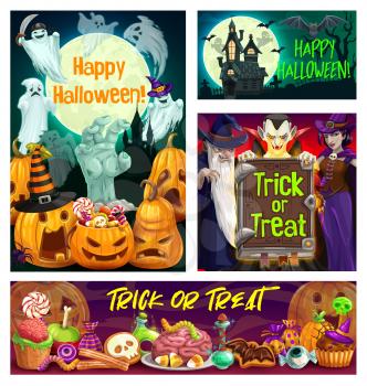 Halloween monsters, pumpkins and trick or treat candies vector greeting cards. Witch, Dracula vampire and ghosts, bats, moon and haunted house, evil wizard, potion and spellbook. Halloween holiday