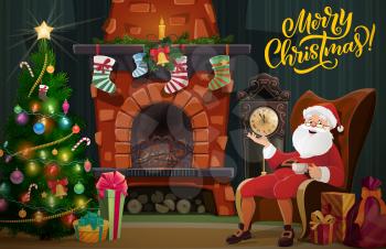 Santa, Christmas tree and fireplace with New Year gifts vector greeting card. Claus, Xmas presents and red bag, stockings, balls and lights, midnight clock, bell and garland, winter holidays themes
