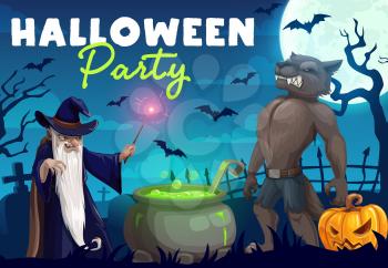 Halloween pumpkin, horror bats and monsters. Vector evil wizard making potion with cauldron and magic wand, werewolf and moon in graveyard with creepy trees and tombstones, party invitation design