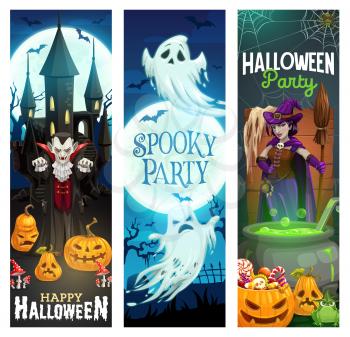 Halloween witch, ghosts and horror pumpkins, bats, trick or treat candies and vampire, haunted house, spider and potion cauldron in graveyard. Vector banners of spooky night party invitation design