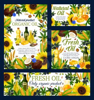 Cooking oil with vector frame of natural vegetable food ingredients. Olives, corn and sunflower, peanut, walnut and almond, rapeseed, canola and soybean, coconut, sesame and flex oil design