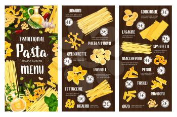 Pasta, spaghetti and macaroni vector menu of Italian cuisine. Penne, farfalle and fusilli, conchiglie, lasagna and rigatoni, linguine, fettuccine and ditalini with olives, rosemary and garlic frame