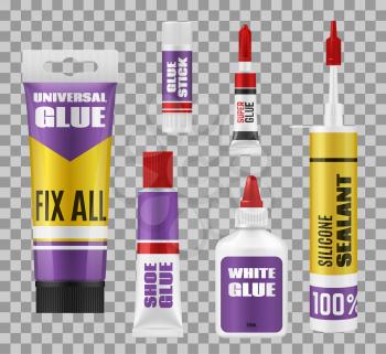 Glue package 3d mockups of adhesive stick, tubes and bottles. Vector super glue and silicone sealant, universal, white and shoes repair glue, branded plastic and metal packs on transparent background