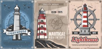 Lighthouses with vintage nautical compasses and sea ship helm vector design. Navigation towers of marine beacons and steering wheels of sailing boat retro posters. Nautical adventure, travel themes