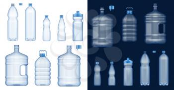 Plastic water bottles 3d vector mockups. Empty drink containers of clear mineral, carbonated and soft beverages, gallon cooler jugs, sport packs and liter packages with blue lids and handles