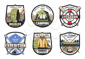 Camping, travel tour, summer vacation outdoor recreation and mountain adventure vector badges with tourist equipment. Camp tent, hiking and trekking boots, forest campfire, fishing boat and rod