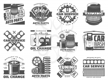 Car service retro icons design with auto spare parts and car wash equipment. Vehicle tuning, motor oil change and mechanic gear, filters, bearing and number plates, spring, wipers and battery jumper
