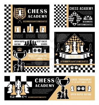Chess sport board game vector design of pieces and winner trophy cups. Chessbords with black and white pawns, knights and rooks, queens, bishops and kings, clocks and royal crown
