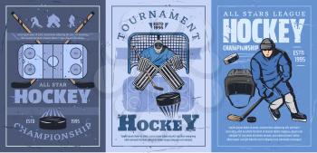 Ice hockey sport championship vector design. Hockey rink, sticks and pucks, team player and goalie with gate, skates, helmet and uniform pads, mask and gloves. Winter game sporting competition posters