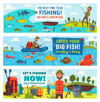 Fishing sport, catch fish and fisherman equipment vector banners. Fisher and angler, fishing rod, net and boat, river carp, hook and tackle, blue marlin, salmon and trout, boots, backpack and bucket