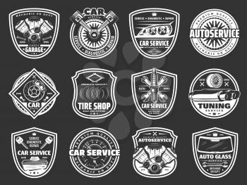 Car service, auto repair, spare parts and tire shop vector badges. Vehicle engine, wheel and motor oil, battery, piston and brakes, exhaust stack, spanner and wrench, rim, spark plugs and windscreen