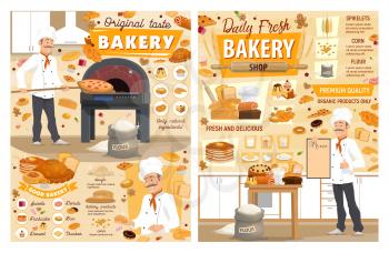 Bakery shop bread and pastries with baker posters design. Vector baguettes, croissants and buns, pizza, cakes and cupcakes, donuts, pies, sweets, cookies, waffle desserts of wheat, rye and corn flour