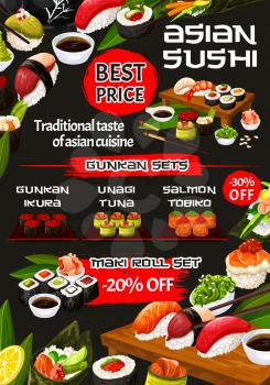 Asian sushi rolls, temaki and nigiri set vector menu of Japanese cuisine restaurant. Rice, salmon fish and seafood maki, tuna gunkan, shrimp and ikura uramaki, california, philadelphia and hosomaki