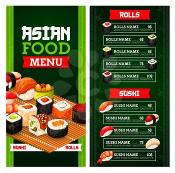Asian food menu of Japanese sushi vector design. Fish, rice and seafood sushi nigiri and rolls, salmon, tuna and shrimp maki, seaweed, avocado and ikura gunkan, uramaki, philadelphia and california