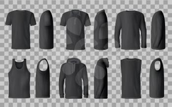 Male black shirt vector templates, 3d mockup of blank t-shirts from side and front views. Polo, sweatshirt and sleeveless tank top, hoodie and hooded long sleeve shirt. Male fashion, sport wear design