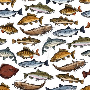 Fish seamless pattern with sea and river animal vector background. Marine salmon, tuna and ocean perch, carp, trout and herring, anchovy, mackerel and flounder, catfish, hake and bass sketches