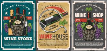 Wine shop or winery store vintage posters with vector bottles of wine and champagne alcohol drinks, grapes, vine and leaves, wicker handles and metal stand. Winemaking industry, vineyard fruit drink