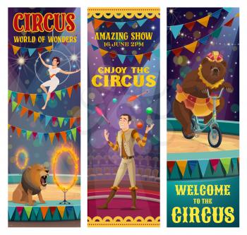 Circus show of acrobat, trained animals and juggler vector banners. Circus performer juggling balls on arena, bear riding bicycle, trapeze girl showing air tricks and lion with fire rings