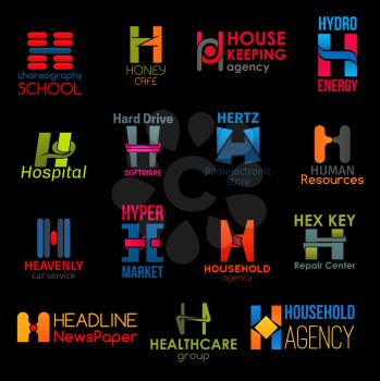 H letter icons, corporate identity symbols and business company signs. Vector H choreography school, cafe or housekeeping agency, hydro energy industry or medical healthcare hospital and hyper market