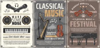 Musical instruments retro posters of classic music festival, live concert or show vector design. Piano, violin and harp, musical notes, microphones and headphones, loudspeakers and viola