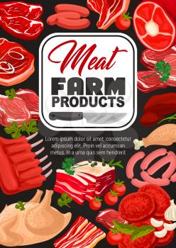 Meat and sausages vector design of farm food products with herbs and butcher knife. Pork sausages, barbecue beef steaks and sirloin, chicken, lamb rings and turkey leg, ham, bacon and bbq burger