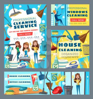 Cleaning service vector design of house, office and window cleaning. Professional cleaners, vacuum and broom, mop, bucket and brush, gloves, iron and squeegee, sponge, detergent spray and duster