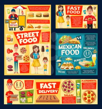 Fast food meal and drink vector menu of burger cafe, mexican restaurant, hot dog street cart and pizza delivery. Hamburger, fries and soda, chicken nuggets, ice cream tacos, nacho, burrito, sandwiches